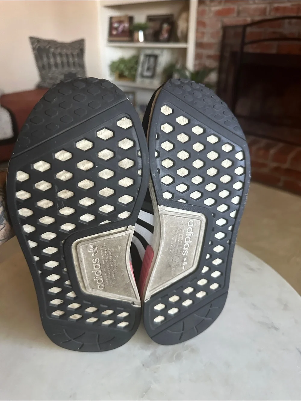 adidas Boost Women’s Black Sneakers with White Stripes and Pink Accent